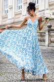 White Blue Flower A Line Spaghetti Straps Maxi Wedding Party Guest Dress