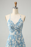 White Blue Flower Spaghetti Straps A Line Wedding Guest Dress