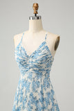 White Blue Flower Spaghetti Straps A Line Wedding Guest Dress