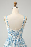 White Blue Corset Tiered Floral Wedding Guest Dress