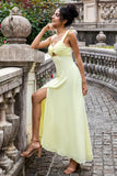 Lemon Yellow A Line Keyhole Long Bridesmaid Dress with Slit