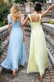 Lemon Yellow A Line Keyhole Long Bridesmaid Dress with Slit