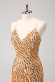 Sparkly Gold Tight Sequins V Neck Homecoming Dress with Fringes