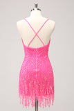 Sparkly Gold Tight Sequins V Neck Homecoming Dress with Fringes