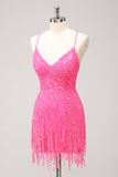 Sparkly Gold Tight Sequins V Neck Homecoming Dress with Fringes
