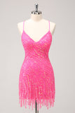 Sparkly Gold Tight Sequins V Neck Homecoming Dress with Fringes