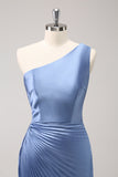 Blue One Shoulder Satin Keyhole Long Bridsmaid Dress