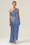 Blue Sheath One Shoulder Satin Keyhole Long Bridesmaid Dress