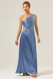 Blue Sheath One Shoulder Satin Keyhole Long Bridesmaid Dress