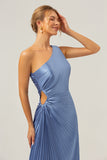 Blue Sheath One Shoulder Satin Keyhole Long Bridesmaid Dress