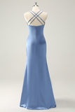 Blue Mermaid Spaghetti Straps Satin Bridesmaid Dress with Slit