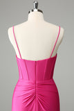 Fuchsia Bodycon Spaghetti Straps Satin Homecoming Dress