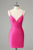 Fuchsia Bodycon Spaghetti Straps Satin Homecoming Dress