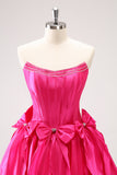 Fuchsia A Line Strapless Corset Short Homecoming Dress With Bows