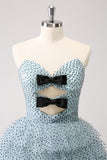 Blue A Line Tiered Dotted Strapless Homecoming Dress with Bows