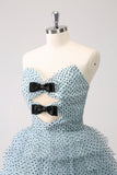 Blue A Line Tiered Dotted Strapless Homecoming Dress with Bows