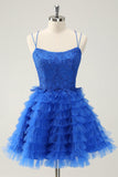 Elegant Blue A Line Spaghetti Straps Tulle Homecoming Dress with Ruffles