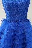 Blue A Line Spaghetti Straps Tulle Cute Homecoming Dress with Ruffles