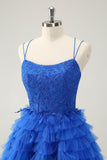 Blue A Line Spaghetti Straps Tulle Cute Homecoming Dress with Ruffles