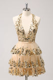 Sparkly Gold A Line Halter Tiered Backless Short Homecoming Dress with Sequins