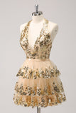 Sparkly Gold A-Line Halter Tiered Sequined Backless Short Homecoming Dress