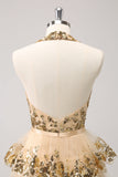 Sparkly Gold A-Line Halter Tiered Sequined Backless Short Homecoming Dress