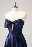 Sparkly Navy Beaded Corset Hollow Out Short Homecoming Dress With Bow