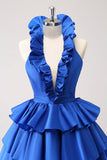 Royal Blue A-Line Halter Tiered Short Homecoming Dress with Ruffles