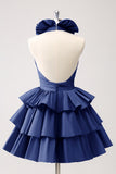 Royal Blue A-Line Halter Tiered Short Homecoming Dress with Ruffles