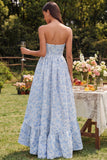 A-Line Blue Floral Strapless High Low Floral Dress