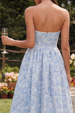 A-Line Blue Floral Strapless High Low Floral Dress