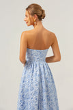 A-Line Blue Floral Strapless High Low Bridesmaid Dress