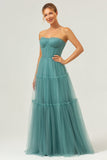 A-Line Strapless Corset Tulle Eucalyptus Bridesmaid Dress