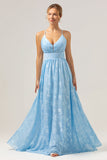 Sparkly V-Neck Pleated Light Blue Long Bridesmaid Dress with Embroidery