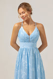 Sparkly V-Neck Pleated Light Blue Long Bridesmaid Dress with Embroidery