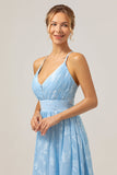 Sparkly V-Neck Pleated Light Blue Long Bridesmaid Dress with Embroidery