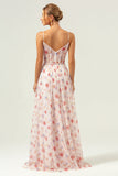 White Red Floral A Line Spaghetti Straps Corset Long Bridesmaid Dress