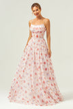 White Red Floral A Line Spaghetti Straps Corset Long Bridesmaid Dress