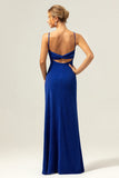 Sparkly Dark Blue Mermaid Twist Front Bridesmaid Dress with Slit