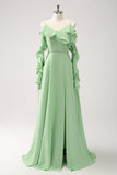 Light Green Cold Shoulder A-Line Chiffon Long Bridesmaid Dress with Ruffles