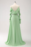 Light Green Cold Shoulder A-Line Chiffon Long Bridesmaid Dress with Ruffles