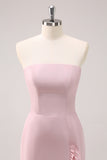 Pink Strapless Asymmetrical Ruffled Bridesmaid Dress