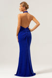 Glitter Blue Mermaid Halter Backless Long Bridesmaid Dress