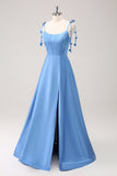 Blue A Line Spaghetti Straps Satin Floor Length Prom Dress with Slit