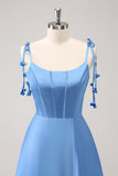 Blue A Line Spaghetti Straps Satin Floor Length Prom Dress with Slit