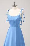 Blue A Line Spaghetti Straps Satin Floor Length Prom Dress with Slit