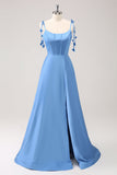 Blue A Line Spaghetti Straps Satin Floor Length Prom Dress with Slit