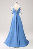 Blue A Line Spaghetti Straps Satin Floor Length Prom Dress with Slit