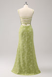 Green Embroidery Mermaid Bridesmaid Dress with Lace Up Back