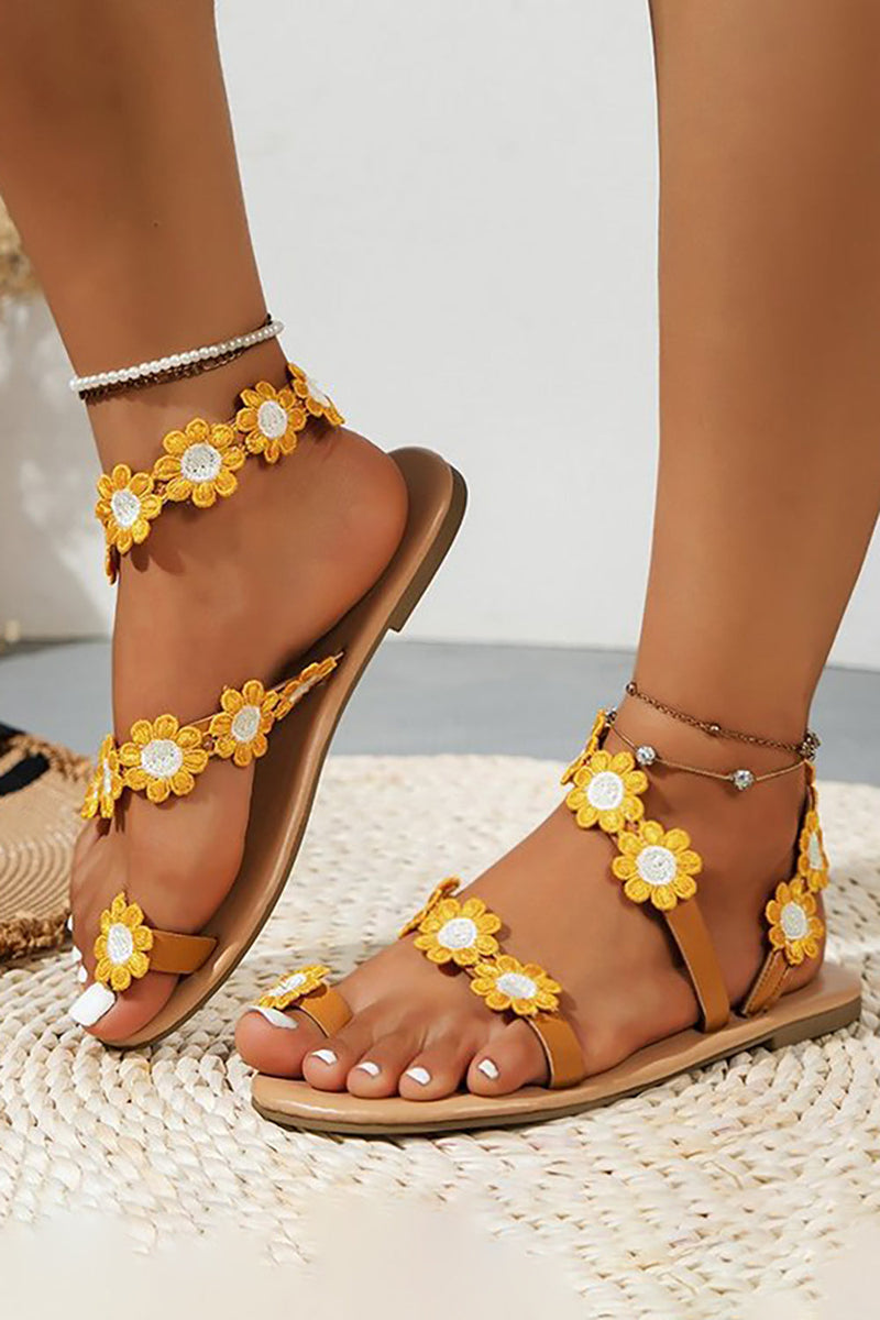 Load image into Gallery viewer, Yellow Flower Boho Flat Sandals